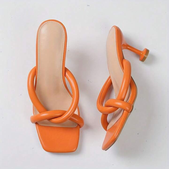 Local Shipping Strappy Sandals,Comfortable High Heel Mules | Women's Slip-On Cross Strap Square Toe Sandals With PU Cover & Rubber Sole - Black & Beige Summer Beach Party Dress Shoes | SHEIN