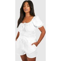 boohoo Women's Plus Linen Feel Puff Sleeve Ruched Bust Crop Top in White | Size: 28 | Boohoo.com (UK & IE)