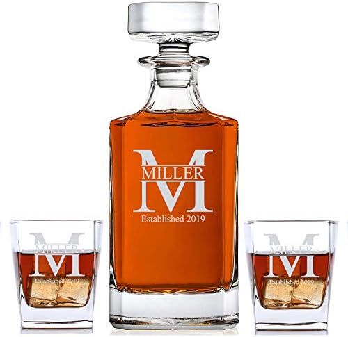Personalized 3 piece Whiskey Decanter Set - Decanter and 2 Glasses Gift Set - Custom Engraved (Mi... | Amazon (US)