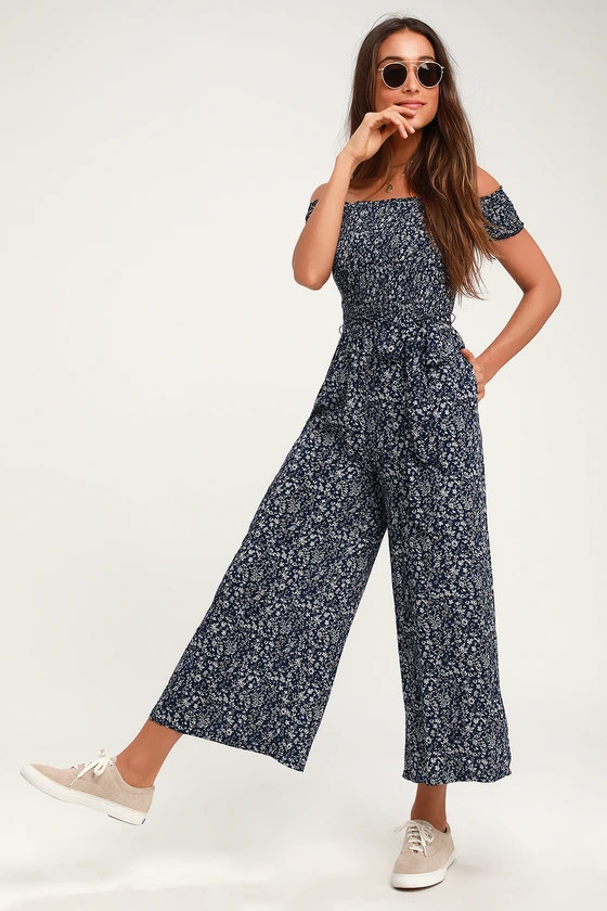 Behold Navy Blue Floral Print Off-the-Shoulder Jumpsuit | Lulus (US)