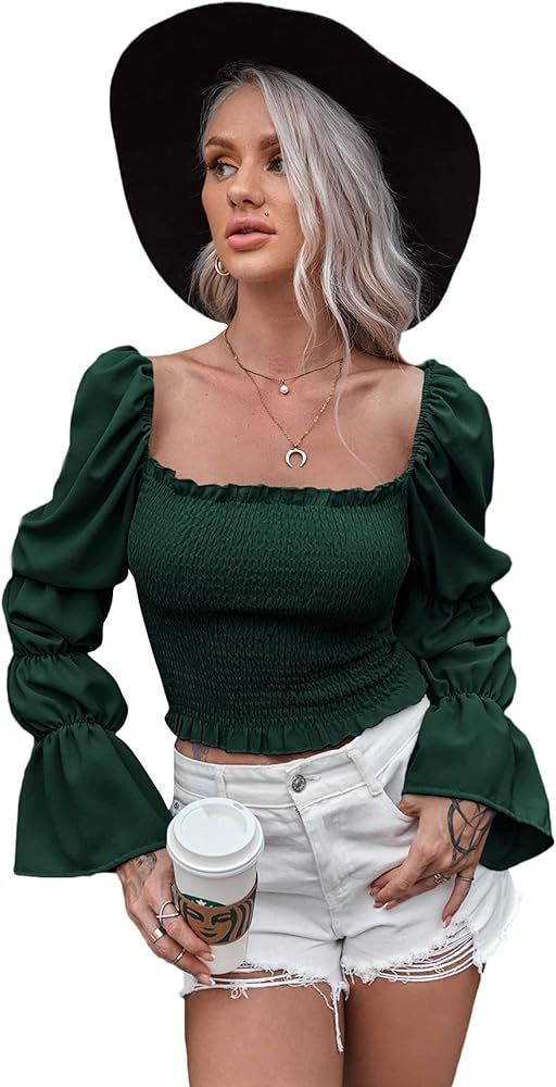 Floerns Women's Square Neck Puff Sleeve Shirred Blouse Crop Top | Amazon (US)