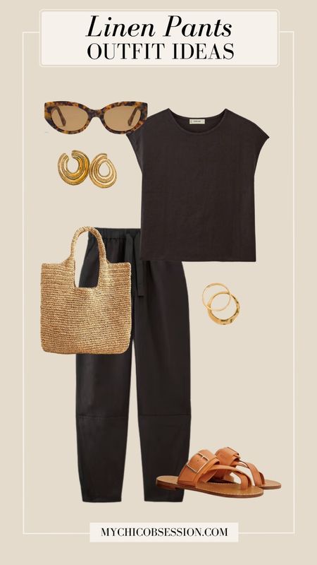 Wear linen pants as part of a monochromatic look for summer by pairing it with a matching linen tee. Elevate your look with gold earrings from Sézane, bracelets, a woven tote, sunglasses and sandals.

#LTKSeasonal #LTKStyleTip