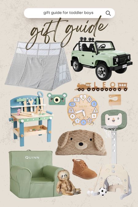 Gift guide for toddler boys!
Play tent, electric Land Rover, personalized wood train, play workbench, kids camera, clock puzzle, little helper wooden knife, Sherpa pillow, toddler sports activity center, personalized kids chair, stuffed sloth, boys UGGs

#LTKSeasonal #LTKHoliday #LTKGiftGuide