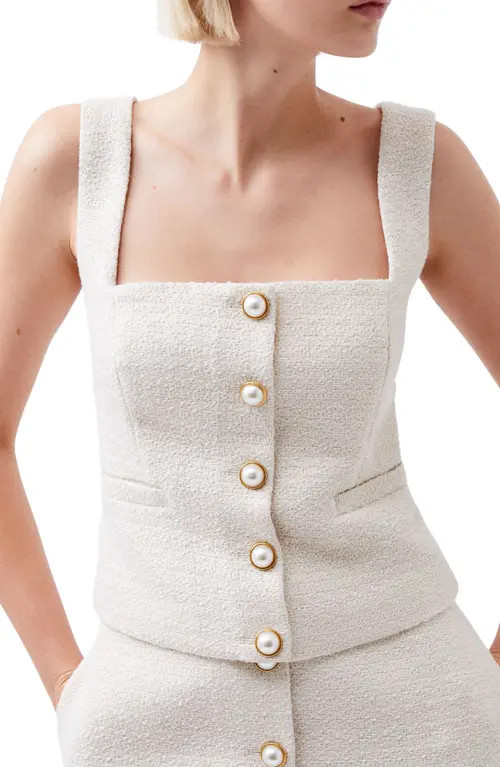French Connection Imitation Pearl Square Neck Tweed Button-Up Top in Classic Cream at Nordstrom, Size 2 | Nordstrom