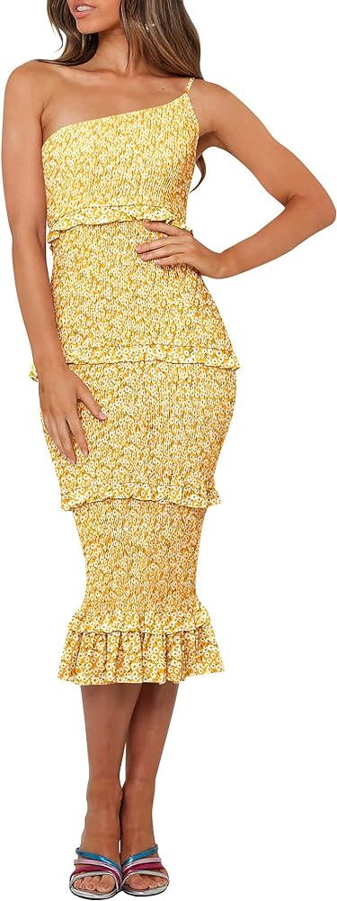 PRETTYGARDEN Womens Floral Summer One Shoulder Strappy Tiered Ruffle Midi Bodycon Dresses | Amazon (US)