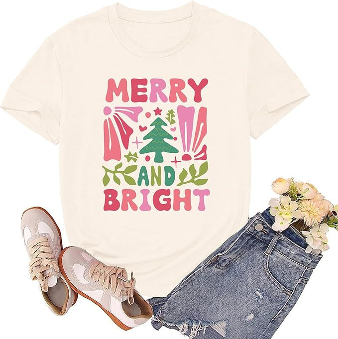 Christmas Shirts for Women Merry and Bright Tshirts Merry Christmas Shirt Xmas Holiday Tee Tops | Amazon (US)