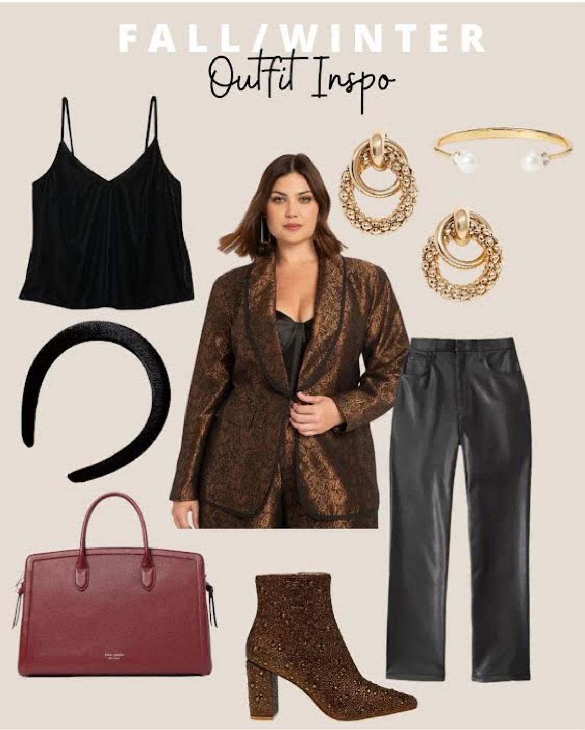 Plus outfit Inspo: velvet cami, Jacquard tuxedo blazer, gold stacked hoop earrings, pearl cuff bracelet, leather pants, copper beaded booties, velvet headband, burgundy laptop briefcase  

#LTKSeasonal #LTKcurves #LTKworkwear