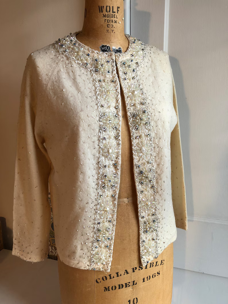 Fab Vintage 1950s Hand Beaded, Sequins and Pearls Cream Angora Sweater | Etsy (US)