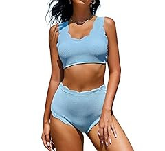 ZAFUL High Waisted Swimsuits for Women Scalloped Bikini Sets Back Lace-Up Tankini Sets Tummy Cont... | Amazon (US)