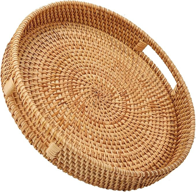 Round Rattan Serving Tray with Handles, Hand Woven Basket, Home Decor Organizer Tray for Breakfas... | Amazon (US)