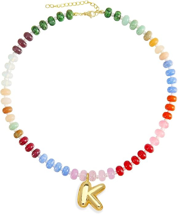 Elegant Boho Colorful Beaded Necklace with Gold Bubble Letter A-Z Pendant,Handmade Trendy Summer ... | Amazon (US)