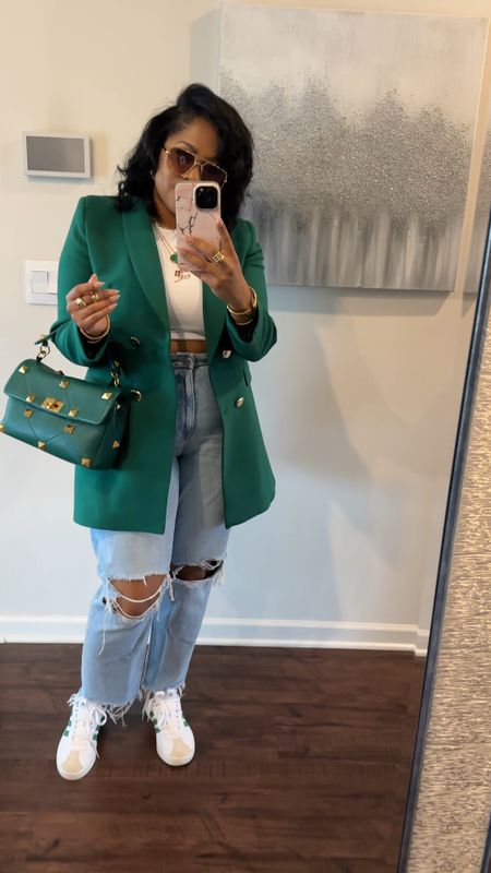 Cute & Casual 💚
The blazer is old but tagged similar styles. Love these American eagle jeans high waisted and great stretch. I’m a 14-16 wearing a 16. Bag is Valentino tagged similar styles as wells Sneakers are rack room shoes. They run a tad large size down half size.  Top is Amazon I’m a 38DD wearing a large. All the necklaces and rings are Mack & Myyles Jewelry use my code DIVA if you shop. If you need details on specific pieces message me. Happy shopping😘

#LTKstyletip #LTKmidsize #LTKover40