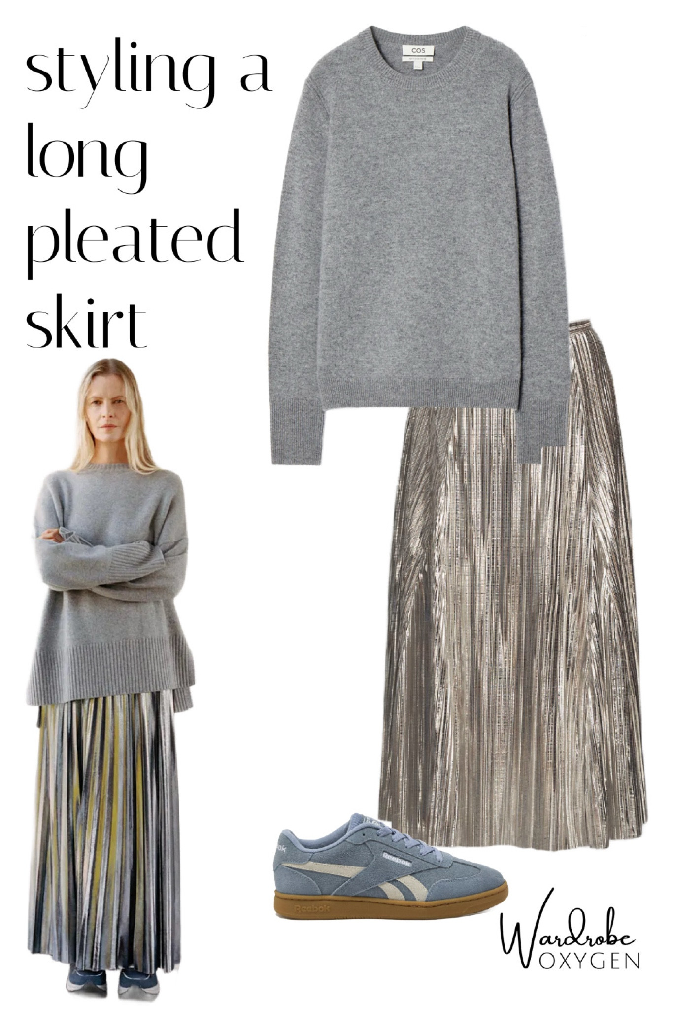 How to modernize your metallic pleated midi skirt from the holidays? Go monochrome to temper the shine. Suede sneakers and a slouchy cashmere sweater give a quiet luxury vibe. 

#LTKOver40 #LTKMidsize #LTKStyleTip
