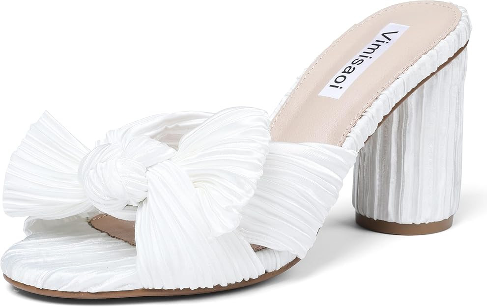 VIMISAOI Womens Bow Heels High Block Chunky Slide Sandals Open Toe Ankle Strap Wedding Dress Pump... | Amazon (US)