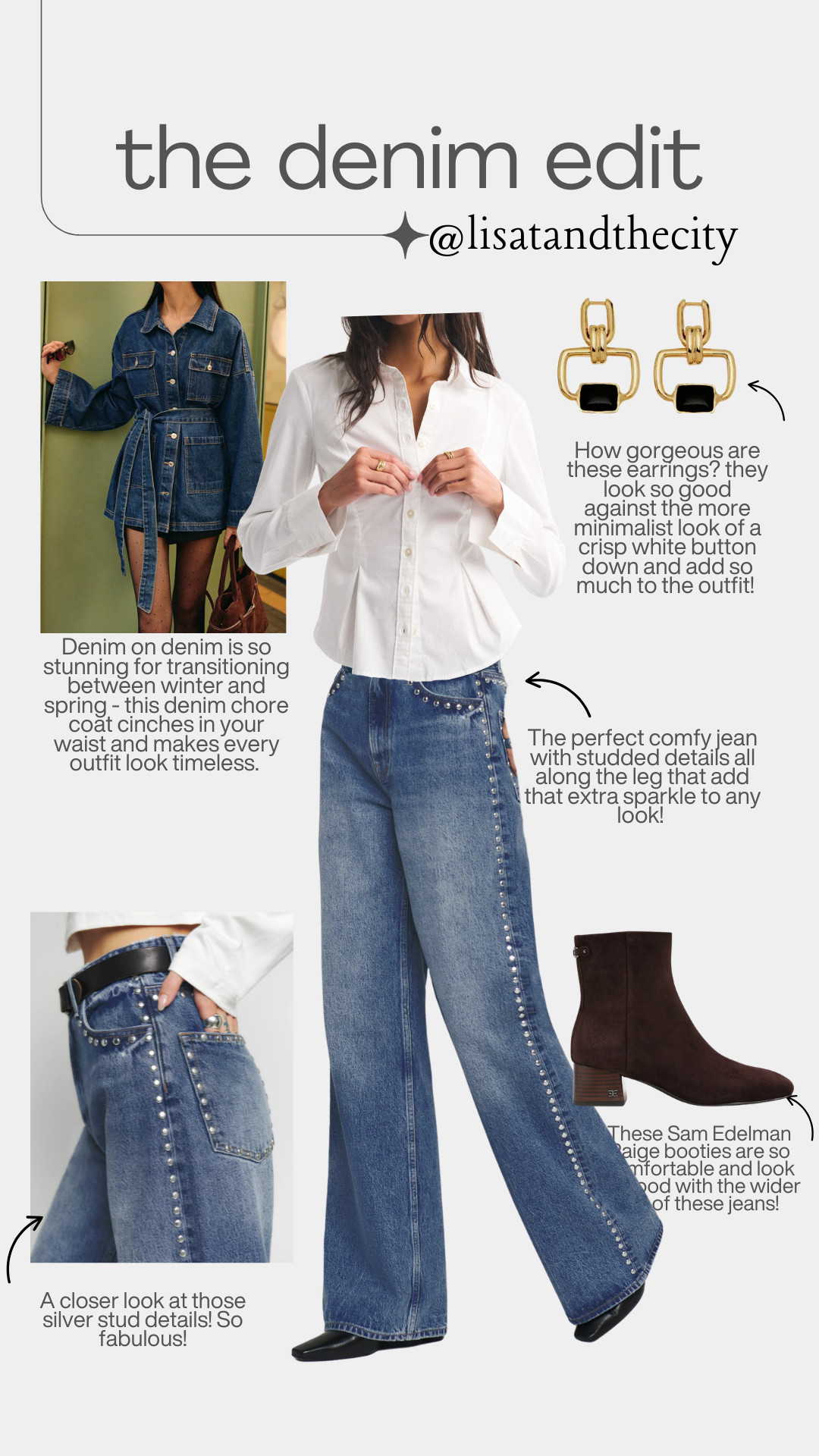 Denim on denim is the ultimate winter-to-spring outfit idea 🤍 This chic denim edit features a tailored denim chore coat, crisp white button-down shirt, high-waisted wide leg studded jeans, statement gold earrings, and classic Sam Edelman ankle boots—an effortless mix of minimalist style and elevated everyday fashion. If you’re searching for how to style wide leg jeans, studded denim trends, spring capsule wardrobe staples, or timeless casual outfits, this look is for you.  ✨ #LTKStyle #LTKFinds #DenimOnDenim #WideLegJeans #StuddedJeans #SpringOutfit #CapsuleWardrobe #MinimalStyle #EverydayChic #SamEdelman #ClassicStyle 

 

#LTKootd #LTKOver40 #LTKSaleAlert