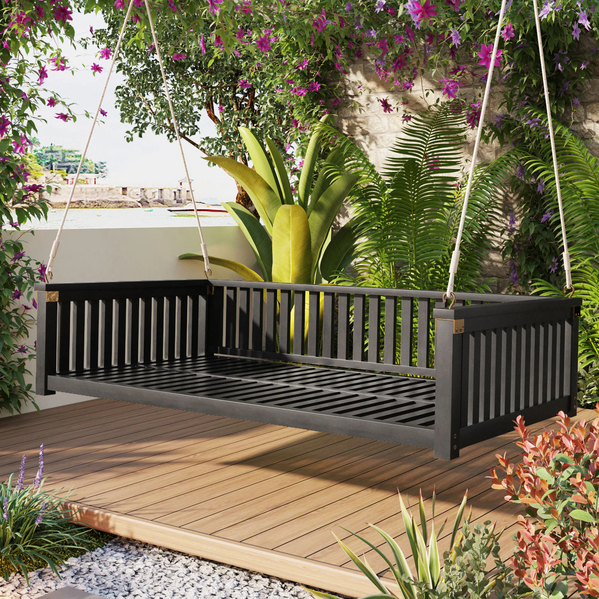 Anysun Twin Size Black Acacia Wood Porch Swing Bed with Ropes Safe Sloped Design for Backyard Garden 350 lbs Capacity Assembly Required one_size | Lowe's