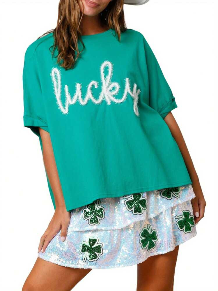 Women's Irish Tops Fashion Letter Patchwork Print Short Sleeve Round Neck T-Shirts Blouses Aesthe... | SHEIN