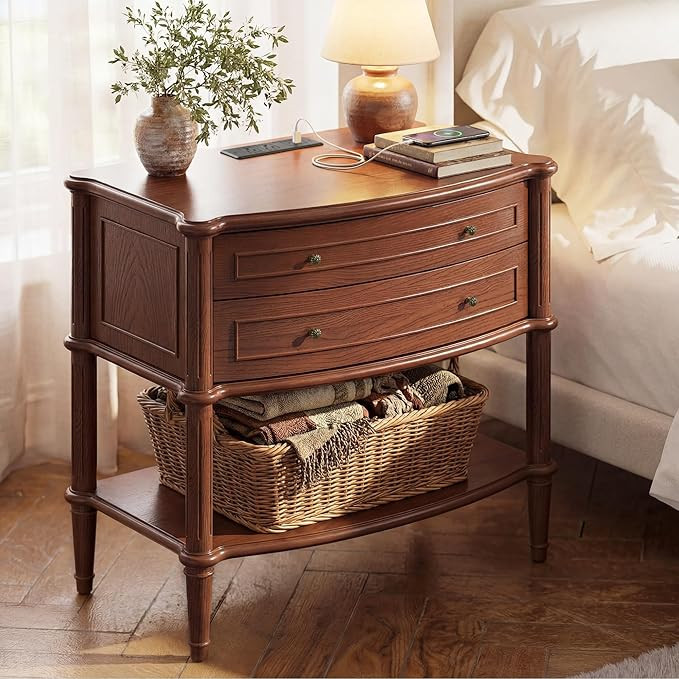 STO'SENSE Wide Nightstand w/Charging Station & 2 Drawers, Pre-Assembled, Vintage Side Table w/Ant... | Amazon (US)