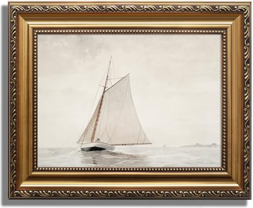 KBKBART Gold Framed Wall Art Muted Sailboat Vintage Wall Decor, Antique Lake House Watercolor Canvas Art Prints Painting, Rustic Farmhouse Wall Art North Prints for Bedroom, Bathroom, Living Room, Gallery, Neutral Wall Decor(9"x12") | Amazon (US)
