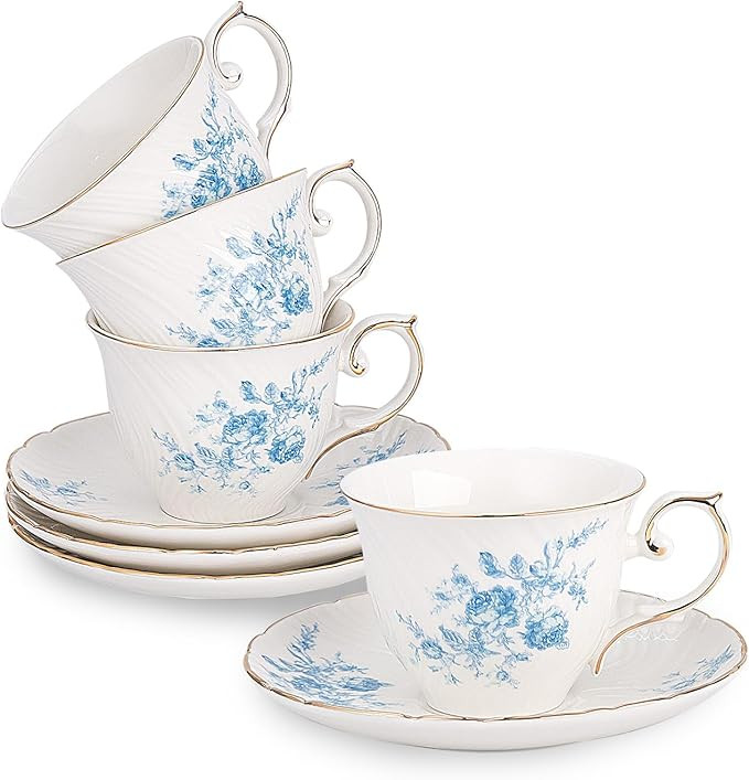 tea cups and saucers ceramic coffee mug 6oz for Coffee, Latte, Cafe Mocha and Tea-Set of 4,Blue | Amazon (US)