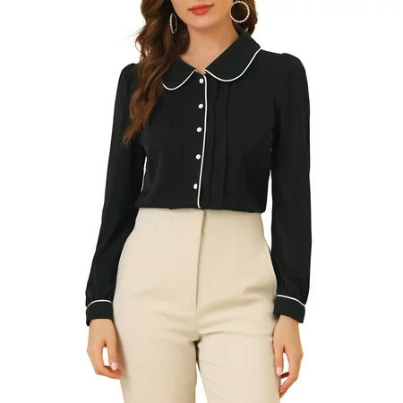 INSPIRE CHIC Women s Peter Pan Collar Shirt Long Sleeve Elegant Button Down Work Blouse M Black | Walmart (US)