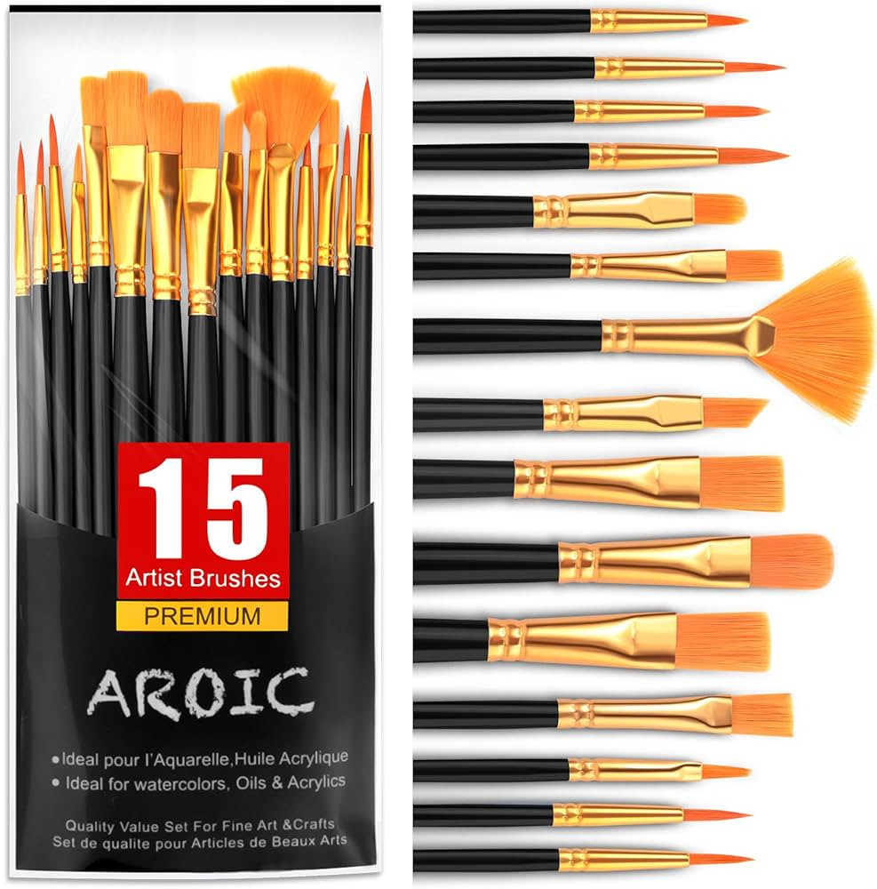 AROIC Acrylic Paint Brush Set,1pack/15pcs Nylon Hair Acrylic Painting Brush,Watercolor Rock Face ... | Amazon (US)