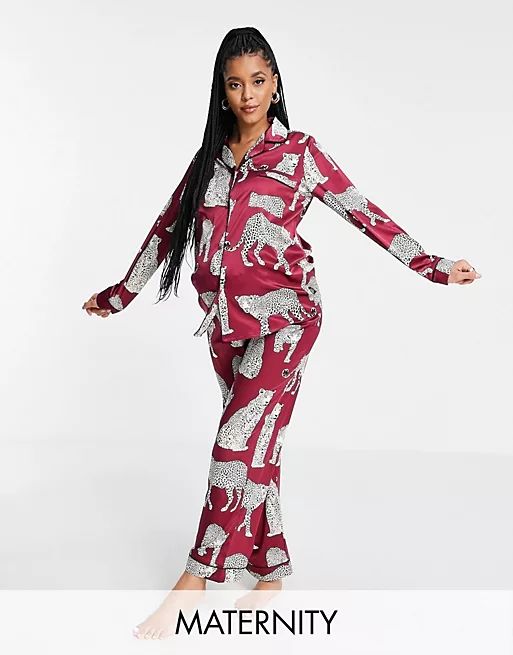 Chelsea Peers Maternity premium satin revere top and pant pajama set in wine leopard print | ASOS (Global)