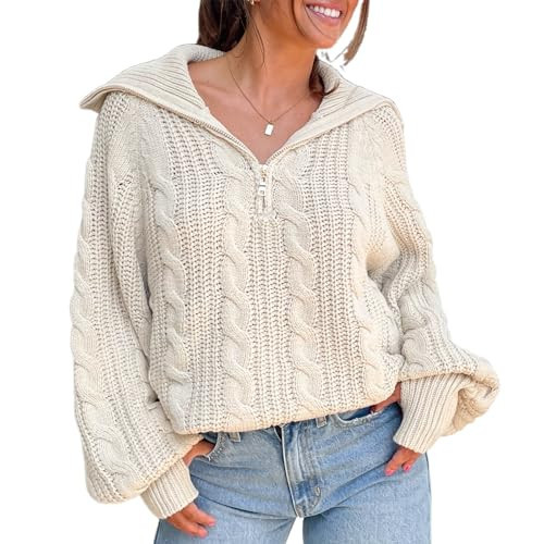 Women Long Sleeve Cable Knit Sweaters Fall Fashion Quarter Zip Up Pullover Sweater Collared Loose Jumper Tops (Beige, M) | Amazon (US)