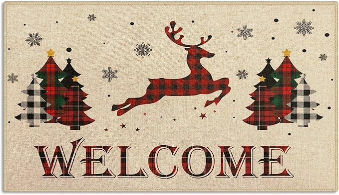 Arttown Christmas Door Rug, Buffalo Plaid Tree Reindeer Welcome Mat, Christmas Winter Doormat Fro... | Amazon (US)