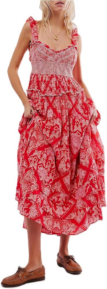 Women Spring Dresses Flowy Smocked Maxi Dress Puff Sleeve Sweetheart Y2K Floral Boho Summer Sundr... | Amazon (US)