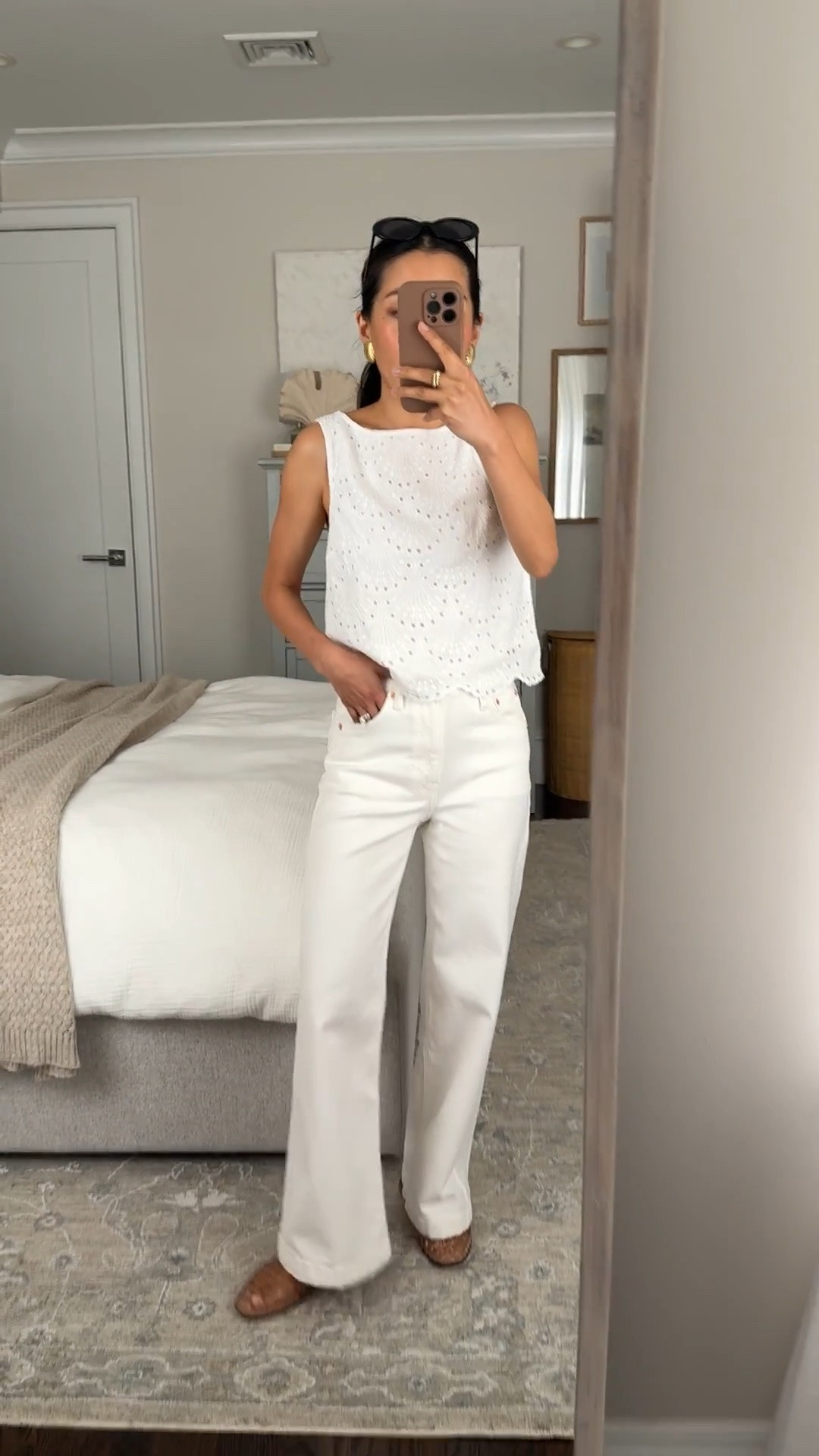 On sale! • I’m in 24 ankle REGULAR length (not petite) of these popular stride jeans for a full length fit. 

• Eyelet top is the xxs REGULAR (not petite).
• jelly shoes 5, very comfy. size down if between sizes 

white jeans, petite summer outfits 2026, summer style, good mom jeans

#LTKPetite #LTKmomlife #LTKSaleAlert