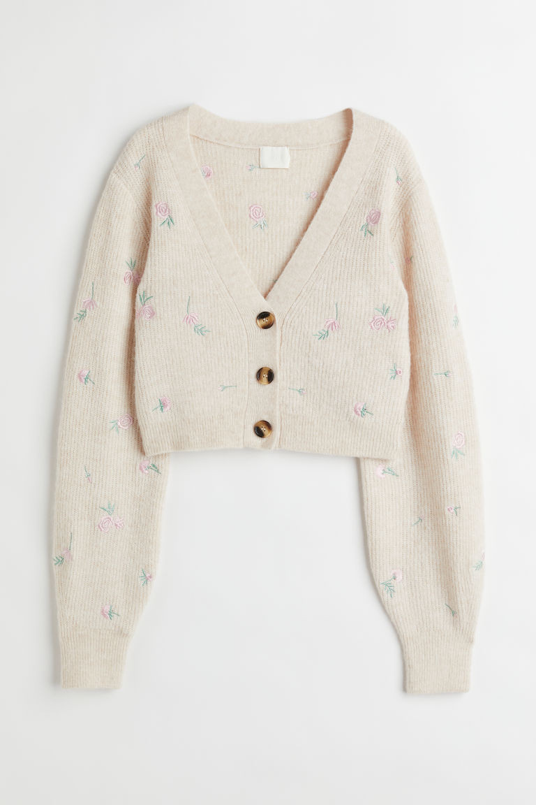 H & M - Knit Cardigan with Embroidery - Beige | H&M (US + CA)