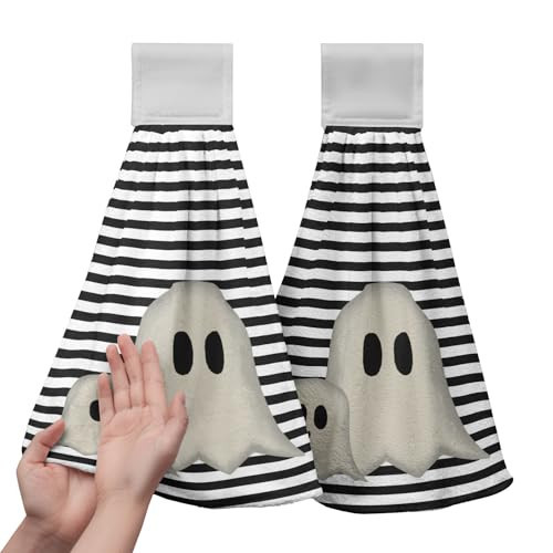Halloween Hanging Kitchen Towels Set of 2 for Bathroom Cute White Ghost Dishcloth Scary Hand Towel with Hanging Loop Black White Stripes Tea Towel Soft Absorbent Fingertip Tie Towels for Oven Stove | Amazon (US)