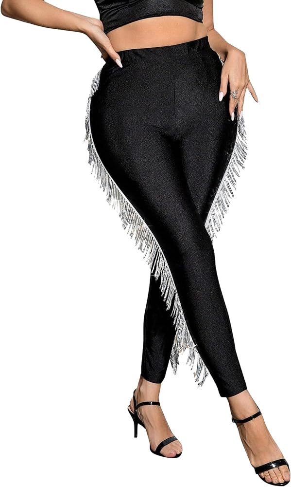 Women's Fringe Pants Elastic High Waisted Leggings Plus Size Sparkly Tassels Side Skinny Pant Clu... | Amazon (US)