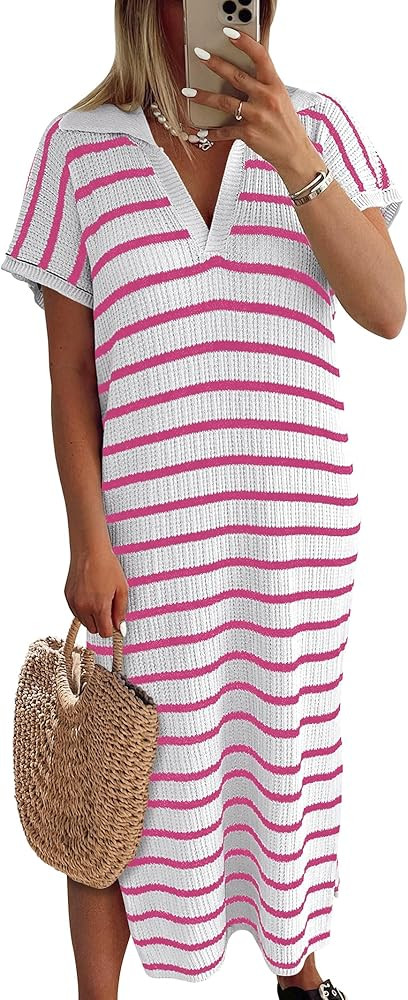 ANRABESS Women's Summer Striped Midi Dress 2025 Casual Short Sleeve V Neck Loose Knitted Side Sli... | Amazon (US)