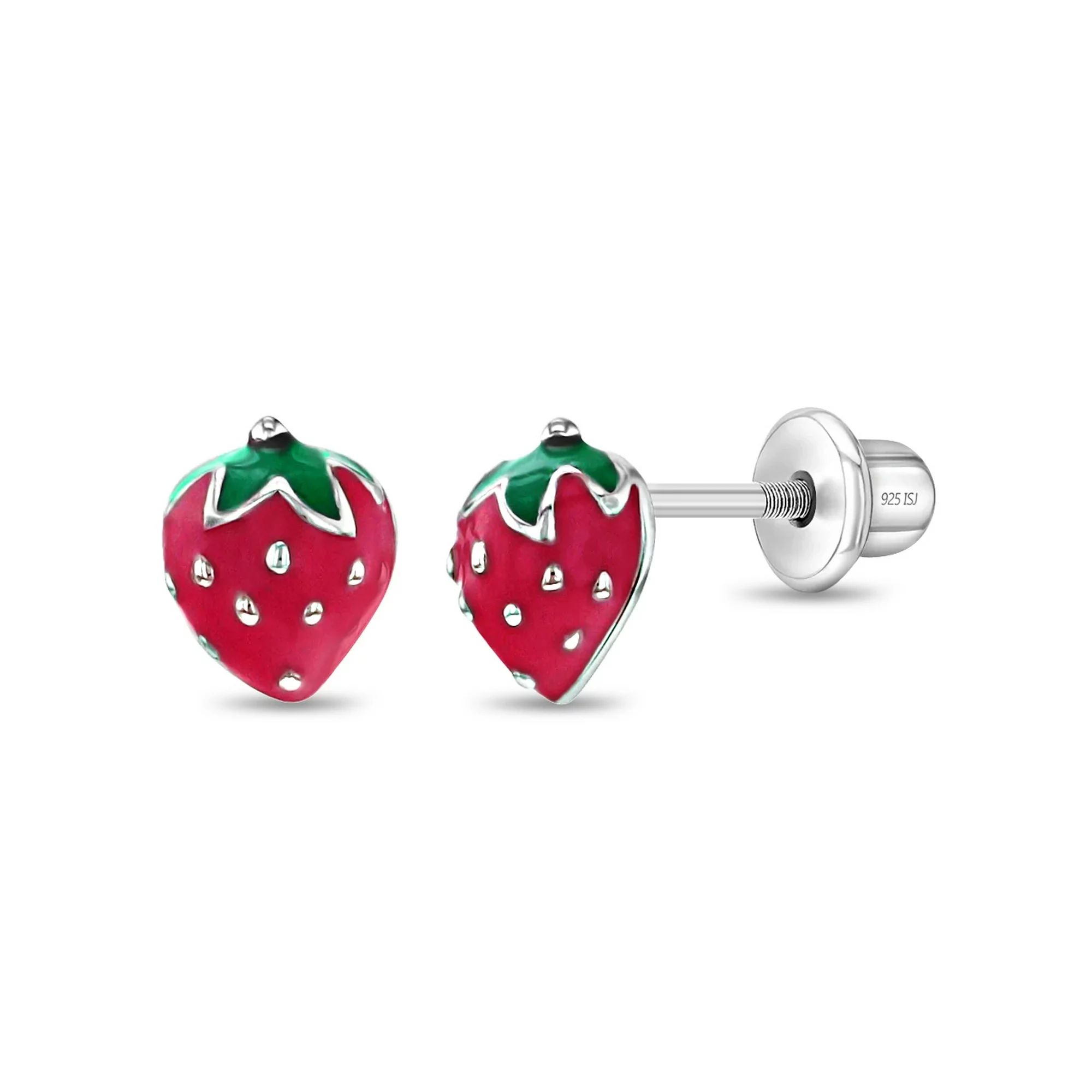 925 Sterling Silver Little Girl's Red & Green Enamel Strawberry Stud Earrings | Walmart (US)