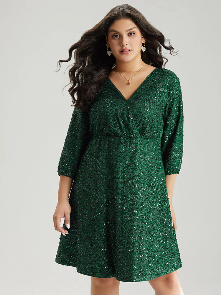 Sequin Overlap Collar Elastic Waist Knee Dress | Bloomchic