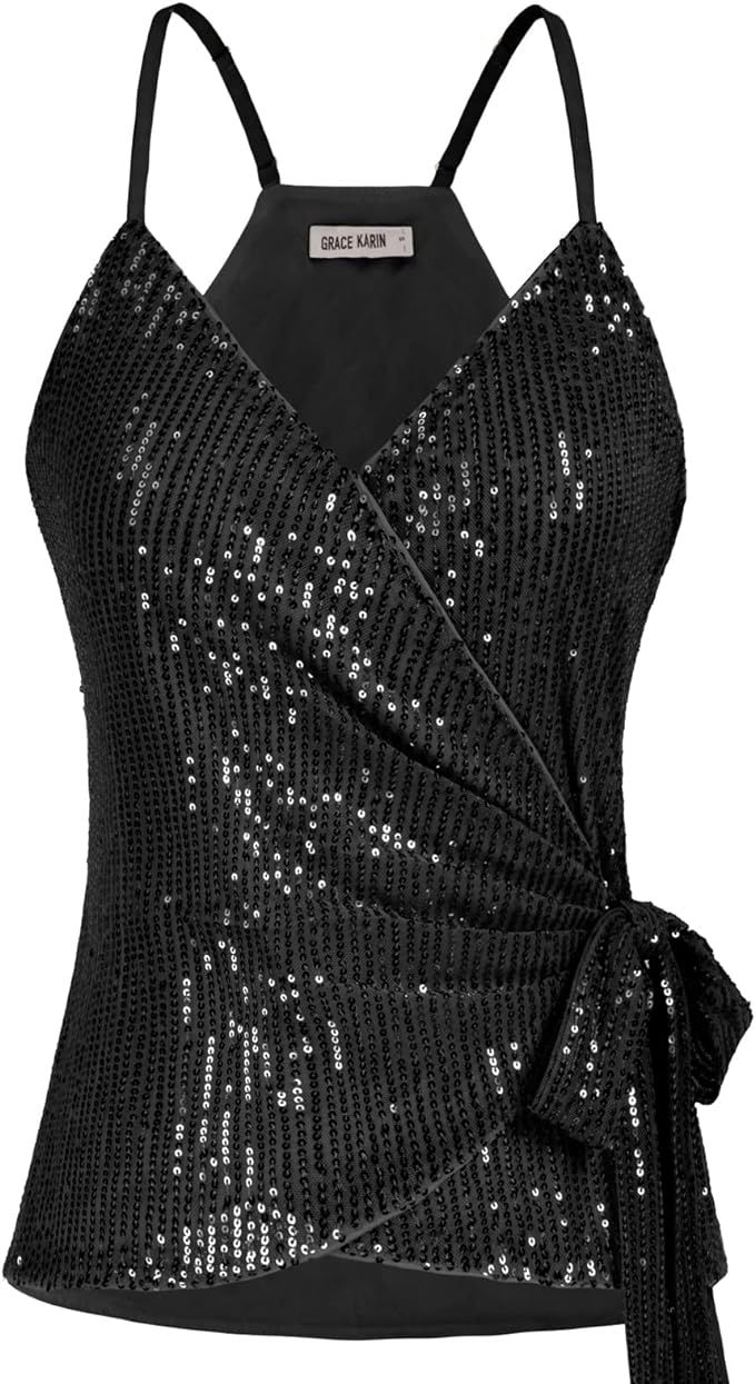GRACE KARIN Sequin Tops for Women Sparkle Tank Camisole V Neck Sexy Tie Waist Top Party Club Cock... | Amazon (US)