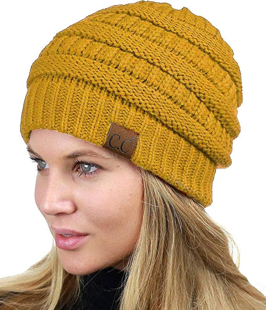 C.C Unisex Chunky Soft Stretch Cable Knit Warm Fuzzy Lined Skully Beanie | Amazon (US)