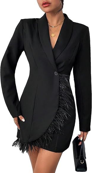 WDIRARA Women's Fuzzy Trim Wrap Button Front Long Sleeve Shawl Collar Blazer Dress | Amazon (US)