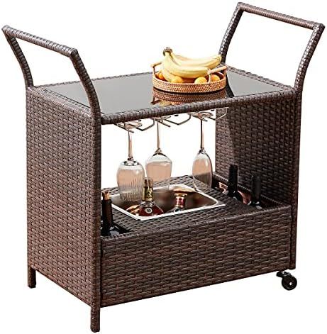 EROMMY Outdoor Wicker Bar Cart, Rolling Patio Wine Cart with Removable Ice Bucket & Wine Glass Holde | Amazon (US)