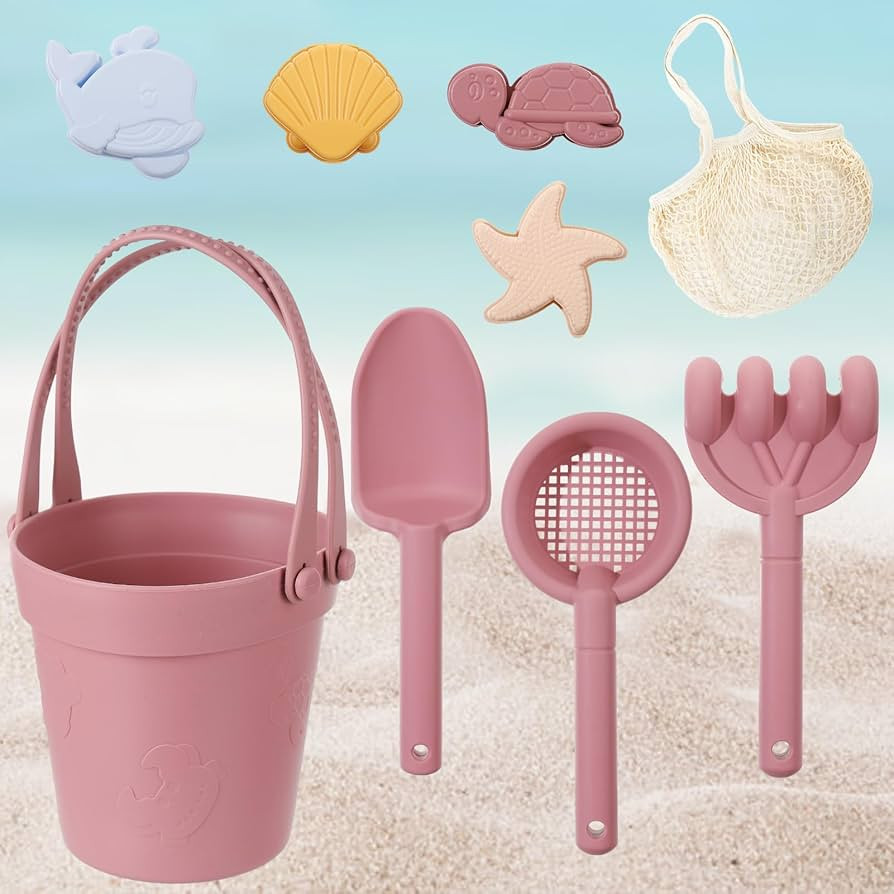 MEWTOGO 9Pcs Silicone Beach Toys for Kids - Girls Baby Sandbox Toys with Shovel Portable Beach Ba... | Amazon (US)