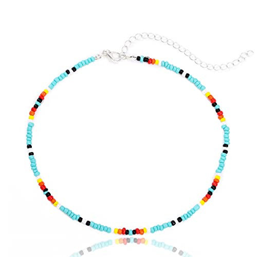 Tgirls Boho Choker Necklace Chain Turquoise Rice Beaded Necklaces Rainbow Seed Bead Necklace Jewelry for Women (colorful 1) | Amazon (US)