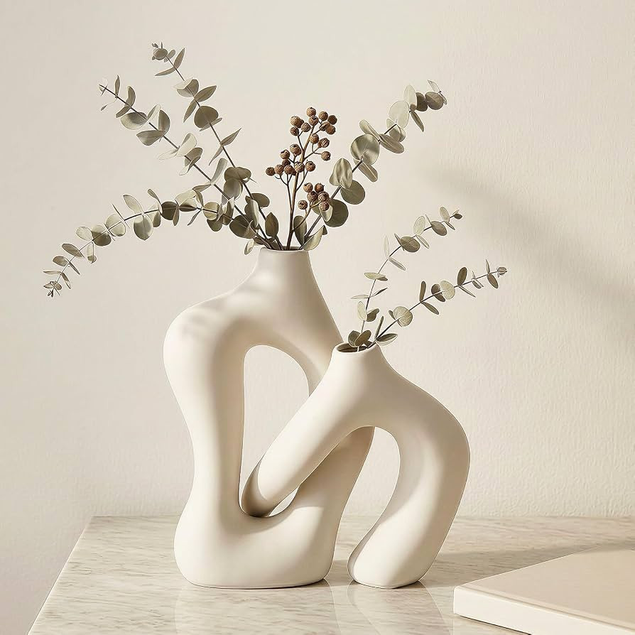 Dowan White Vases for Decor,Hollow Ceramic Vase Set of 2,8.3" Nordic Modern Boho ins Style Decora... | Amazon (US)