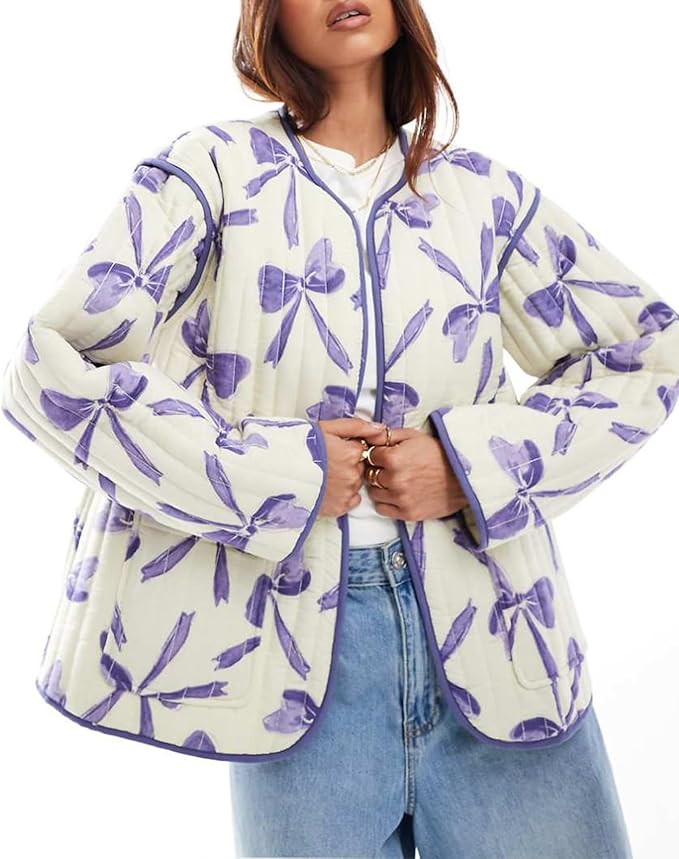 Women's Leopard Quilted Jacket Tie Front Lightweight Puffer Padded Coats with Pockets | Amazon (US)