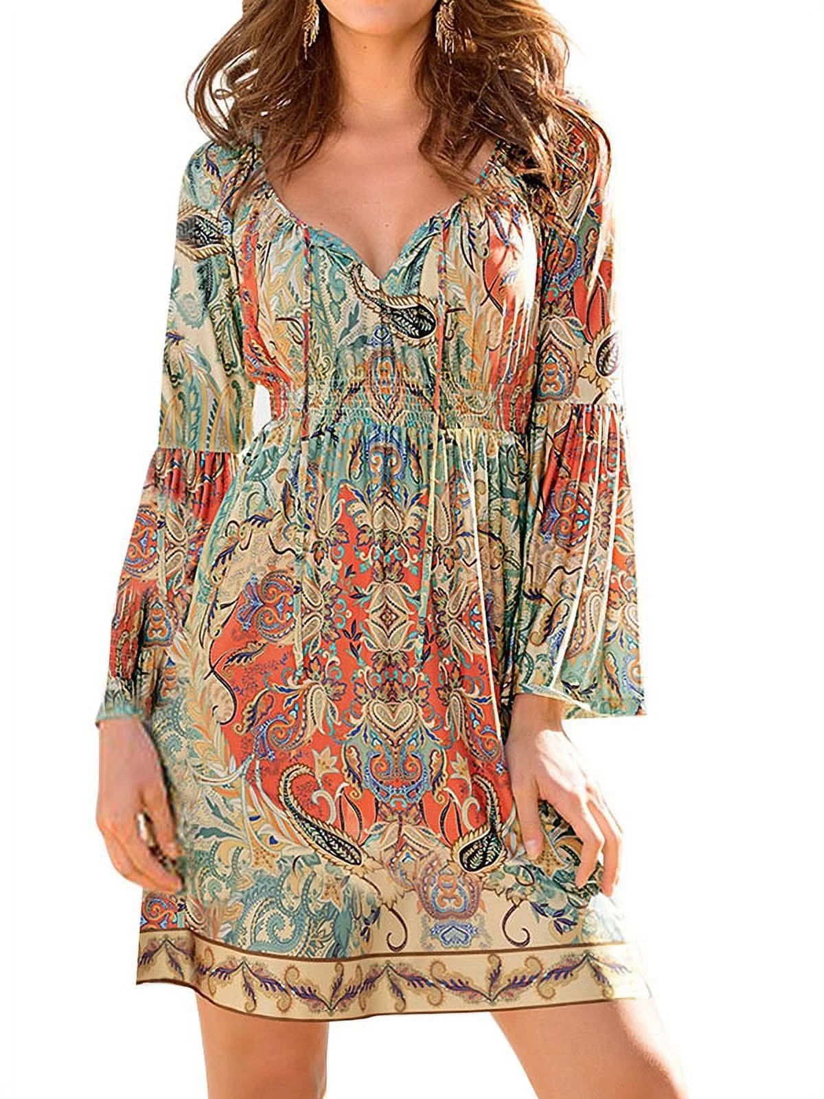 ZXZY Boho Style Women Dress Long Sleeve Beach Summer Dresses Floral Print Vintage Maxi Dress - Wa... | Walmart (US)