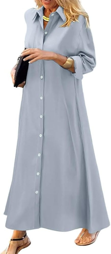 chouyatou Women's Casual Button Down Maxi Shirt Dress Long Sleeve Button Up Tunic Long Dress | Amazon (US)