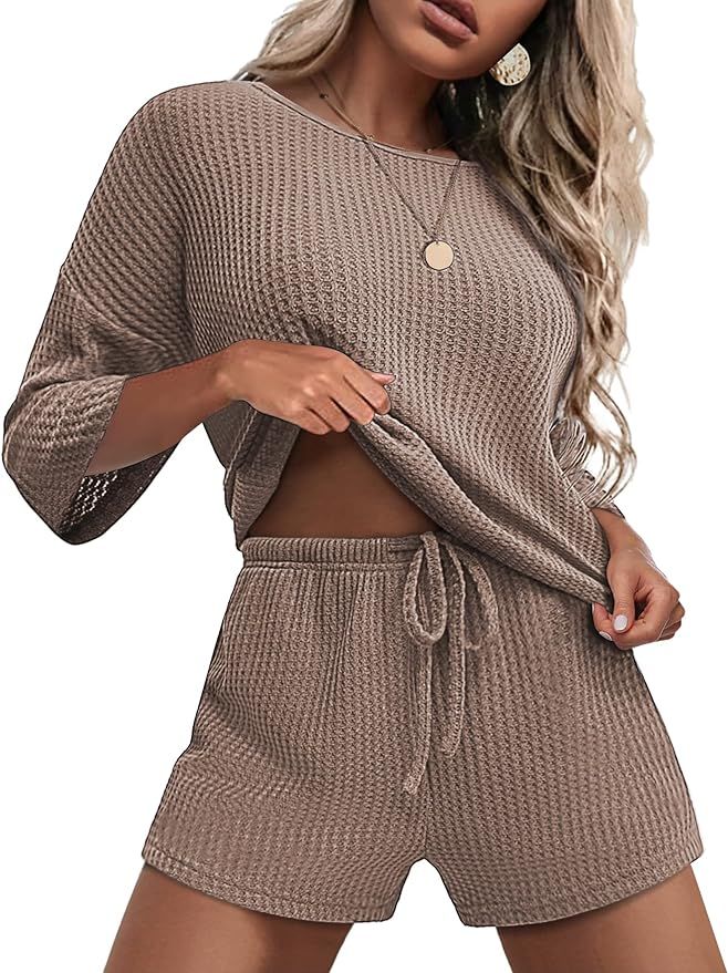 Ekouaer Pajamas Set for Women Half Sleeves Soft Waffle Knit 2 Piece Outfits Lounge Set with Pocke... | Amazon (US)