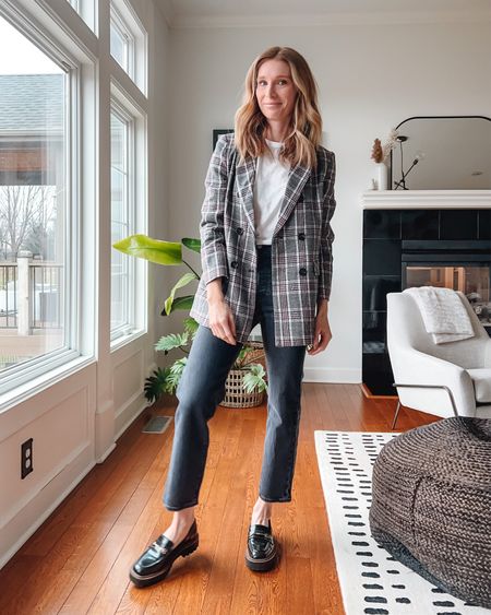 Work fit, loafers, rib cage jeans, plaid blazer

#LTKworkwear