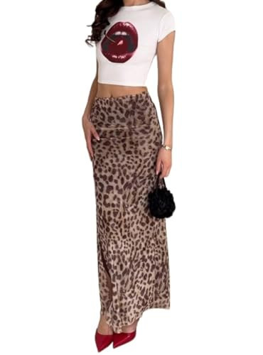 HOHOPEACH Leopard Print Skirt Cheetah Print Long Skirts for Women Trendy Y2k Summer Skirts Maxi Skirt (Brown Leopard print03,S,Small) | Amazon (US)